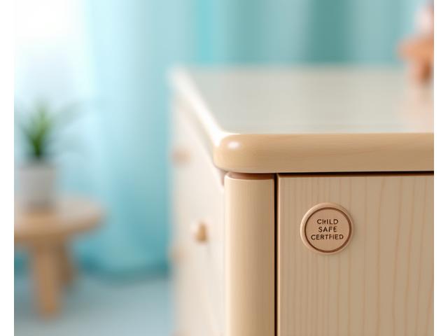 Nærbilde av et robust, avrundet møbelhjørne i et barnerom, med et 'barnesikkert'-merke synlig, som illustrerer trygghet og kvalitet.