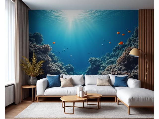 Stue med fotorealistisk marintapet som viser korallrev, full av liv og farger