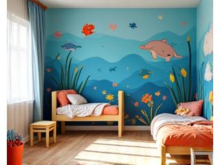 Barnerom med lekent undervannstapet og søte havdyr