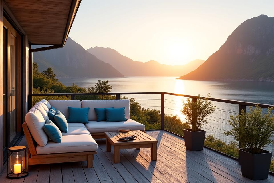 Balkong med marine stilmøbler og utsikt mot sjøen, perfekt for avslapning.