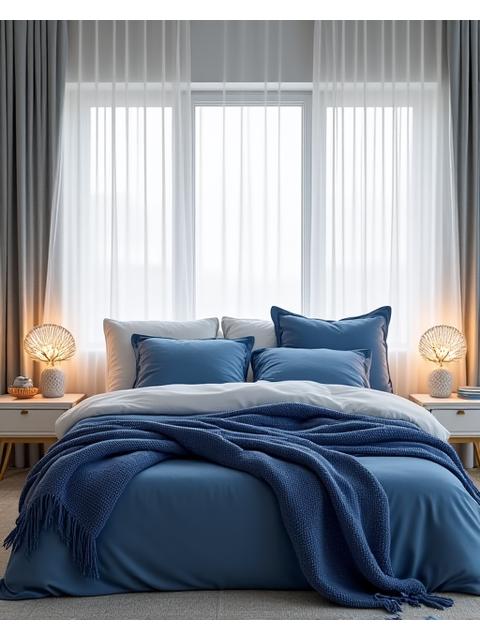 Innbydende soverom med blåtoner og tekstiler inspirert av havet, beroligende atmosfære.