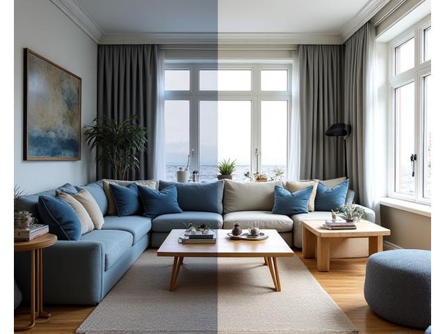 Før og etter av en stue i Bergen transformert med Tang og Tare design