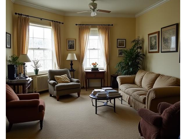 Før bilde av en stue uten kystinspirasjon