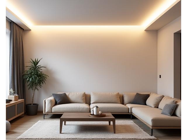 Et kjedelig rom med generell belysning før Tang og Tares marine lysinstallasjon.