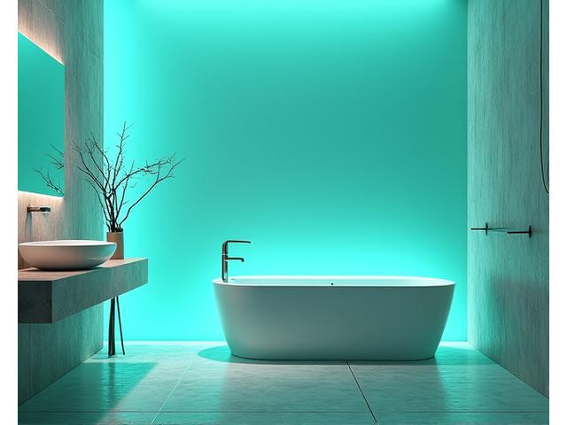 Et moderne baderom med belysning som skaper en spa-lignende undervannsatmosfære, med myke, blå refleksjoner og vanntette armaturer.