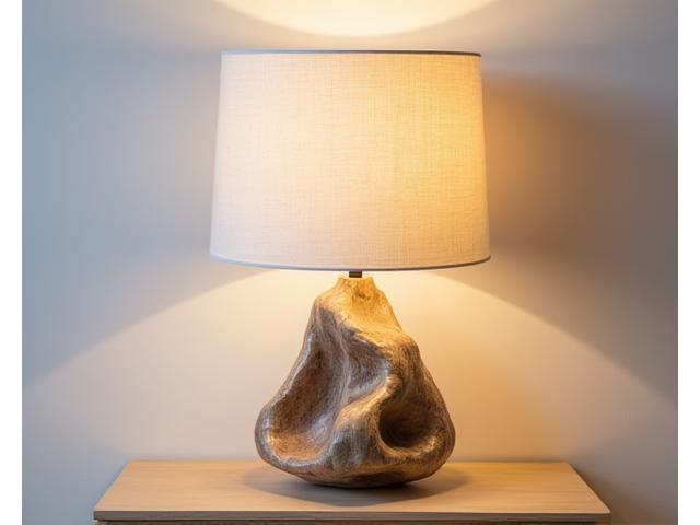 En bordlampe med en base av naturlig, patinert drivved og en lampeskjerm av resirkulert linstoff, som gir et varmt, kystnært lys.