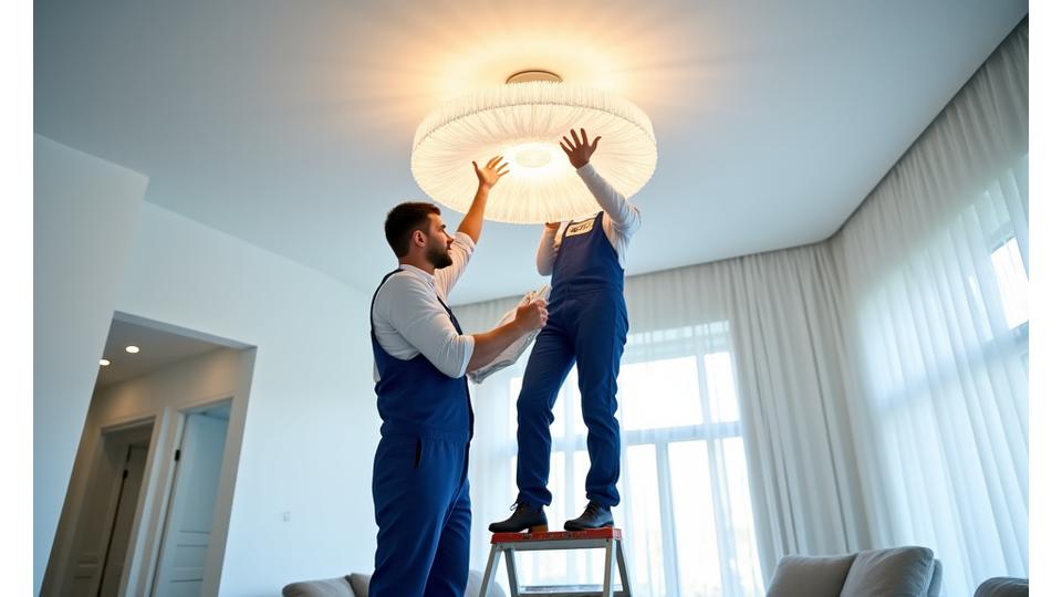 Illustrasjon av et team av profesjonelle installatører forsiktig monterer en korallformet taklampe i et rent, moderne interiør, med fokus på detaljer og sikkerhet.