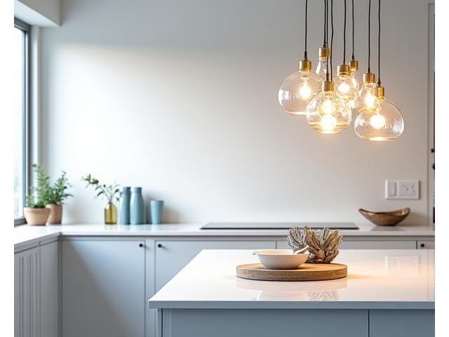 Et moderne kjøkken med funksjonell overflatebelysning og subtile marine aksenter som sjøstjerneformede takpunktlys, som skaper en balansert og stilren atmosfære.