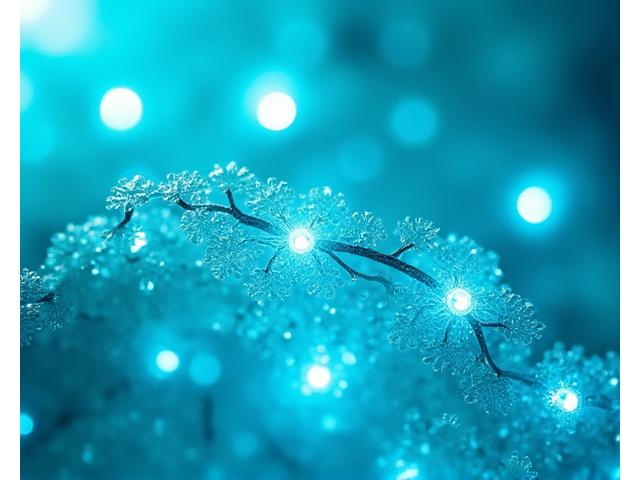 Detaljert bilde av avansert LED-teknologi innkapslet i et design som etterligner en korallgren, som avgir et mykt, blågrønt lys.