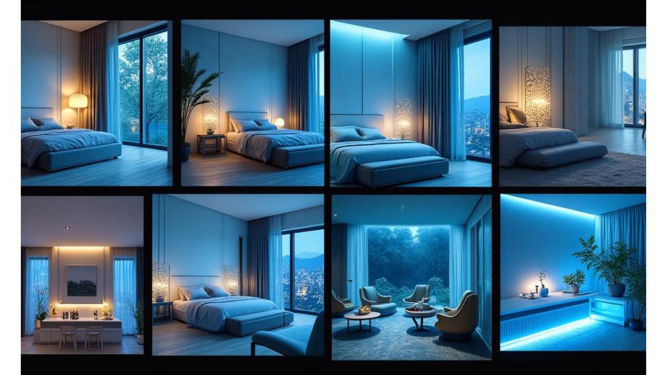 Et galleri av ferdigstilte marine belysningsprosjekter, som viser ulike rom og stemninger fra stue til soverom, alle med en gjennomgående kystestetikk.