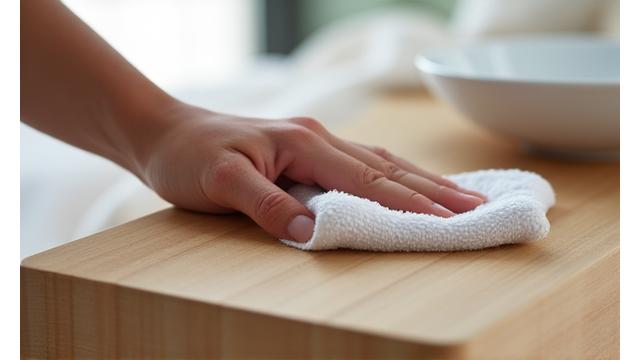 Hånd som tørker av en glatt, lys treflate med en myk mikrofiberklut. Naturlig lys belyser. Symboliserer enkel rengjøring.