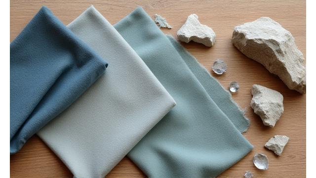 Nærbilde av ulike tekstilprøver i blå- og grønntoner, samt treprøver av lyst og mørkt tre som ligner drivved, arrangert på et arbeidsbord.