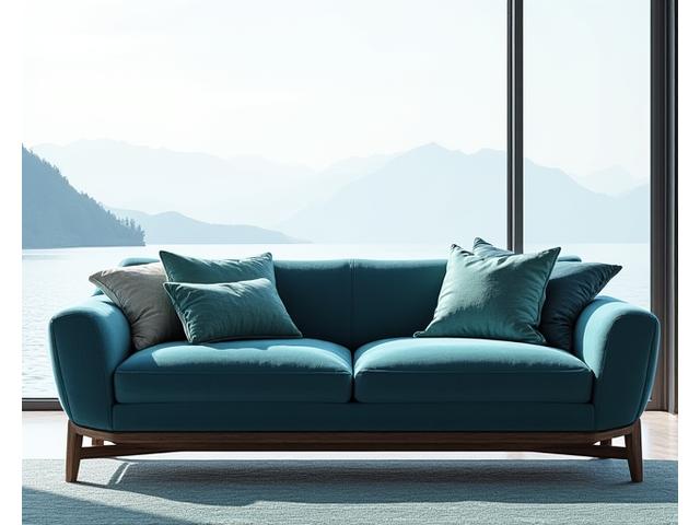 Elegant marineblå sofa med myke, flytende linjer og ben i mørkt drivvedlignende tre. Puter med bølgemønster.