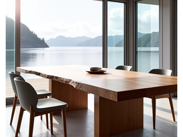 Robust spisebord av gjenvunnet drivved med naturlige livkanter, plassert i et lyst rom med utsikt over fjorden.
