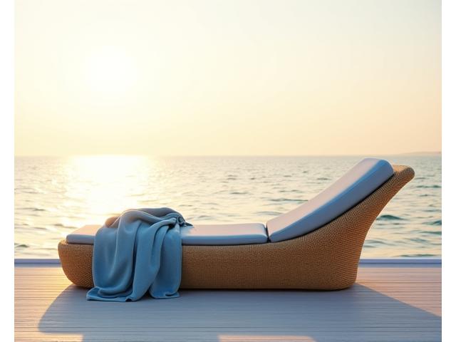 Stilren solseng for utendørs bruk, flettet i sjøgress-lignende materiale, plassert på en brygge med rolig hav i bakgrunnen.