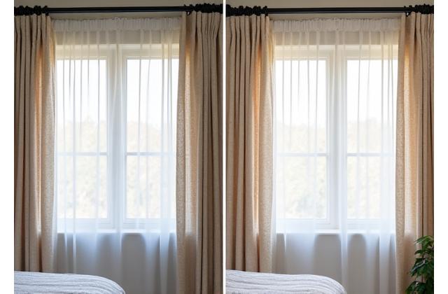 Før og etter bilde av et soveromsvindu, før med utilstrekkelig lysskjerming og etter med lystette gardiner med kystmønster