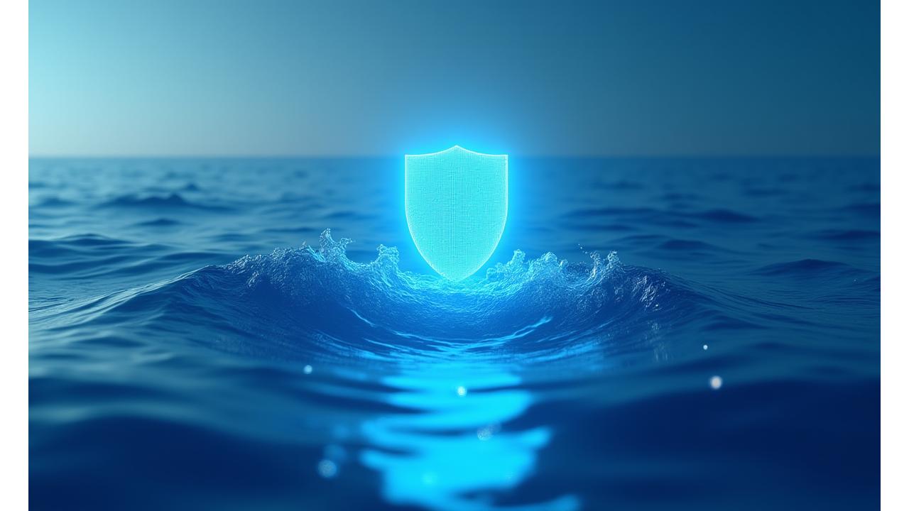 Stilisert visning av datasikkerhet med et skjold over bølgende hav, som representerer beskyttelse og maritimt tema.