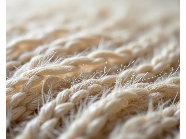 Nært bilde av et håndvevd teppe i naturlige farger, som viser detaljerte teksturer og fiberstrukturer som minner om sand og sjøgress.