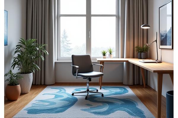 Et stilig sjøteppe med et abstrakt mønster som forankrer et maritimt hjemmekontor med naturlig lys.